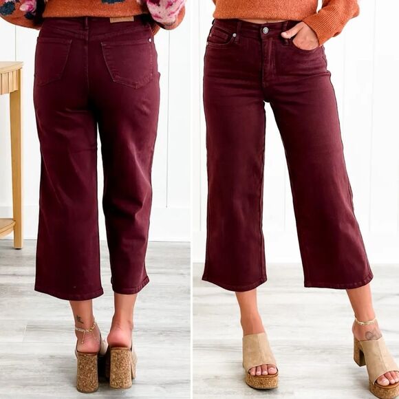 Judy Blue Jeans High Rise Cropped Wide Leg Jean in Oxblood Burgundy Size 28 | 6 - Picture 16 of 16